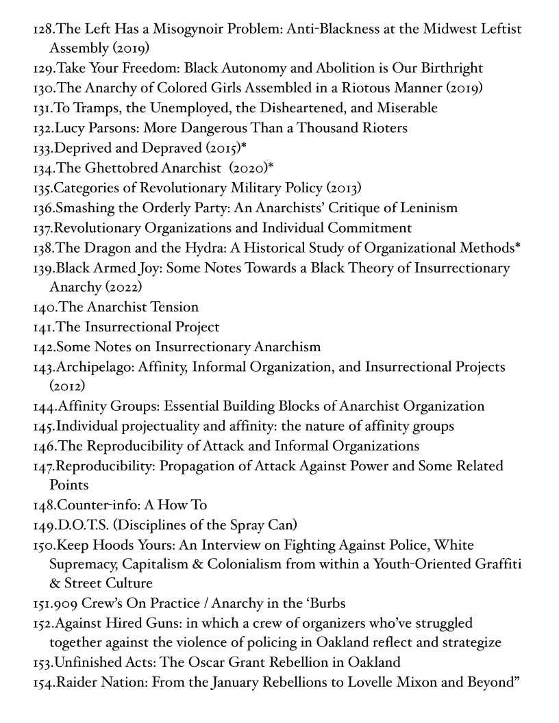 128.The Left Has a Misogynoir Problem: Anti-Blackness at the Midwest Leftist
Assembly (2019)

129.Take Your Freedom: Black Autonomy and Abolition is Our Birthright

130.The Anarchy of Colored Girls Assembled in a Riotous Manner (2019)

131.To Tramps, the Unemployed, the Disheartened, and Miserable

132.Lucy Parsons: More Dangerous Than a Thousand Rioters

133.Deprived and Depraved (2015)*

134. The Ghettobred Anarchist (2020)*

135.Categories of Revolutionary Military Policy (2013)

136.Smashing the Orderly Party: An Anarchists’ Critique of Leninism

137.Revolutionary Organizations and Individual Commitment

138.The Dragon and the Hydra: A Historical Study of Organizational Methods*

139.Black Armed Joy: Some Notes Towards a Black Theory of Insurrectionary
Anarchy (2022)

140.The Anarchist Tension

141.The Insurrectional Project

142.Some Notes on Insurrectionary Anarchism

143-Archipelago: Affinity, Informal Organization, and Insurrectional Projects
Gor)

144.Affinity Groups: Essential Building Blocks of Anarchist Organization

145.Individual projectuality and affinity: the nature of affinity groups

146.The Reproducibility of Attack and Informal Organizations

147-Reproducibility: Propagation of Attack Against Power and Some Related
Points

148.Counterinfo: A How To

149.D.0.TS. (Disciplines of the Spray Can)

150.Keep Hoods Yours: An Interview on Fighting Against Police, White
Supremacy, Capitalism & Colonialism from within a Youth-Oriented Graffiti
& Street Culture

151.909 Crew’s On Practice / Anarchy in the ‘Burbs

152.Against Hired Guns: in which a crew of organizers who’ve struggled
together against the violence of policing in Oakland reflect and strategize

153-Unfinished Acts: The Oscar Grant Rebellion in Oakland

154.Raider Nation: From the January Rebellions to Lovelle Mixon and Beyond”
